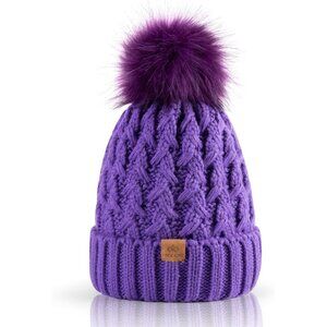 Women’s Light Purple Winter Ribbed Beanie Hat Chunky Cable Knit Pompom Warm